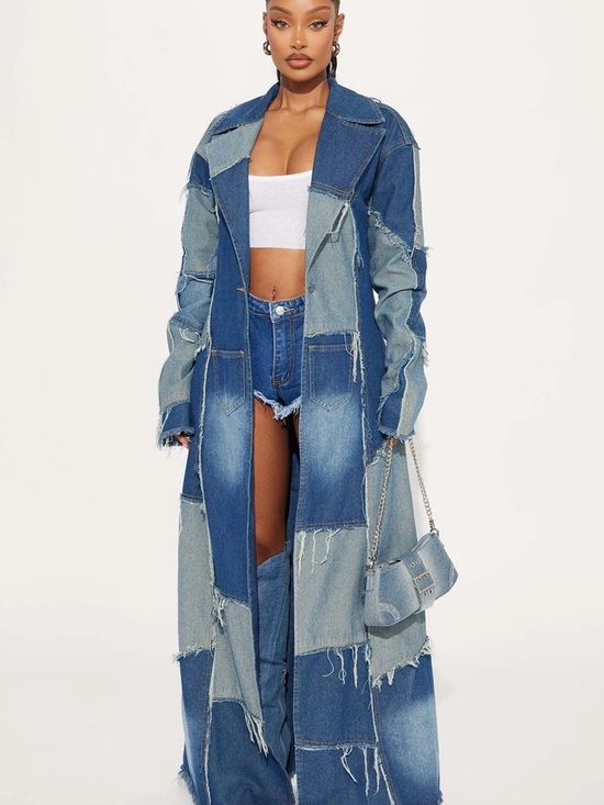 Fashion Nova Jackets & Blazers - Fashion Nova Patchwork Denim Trench Coat in Blue